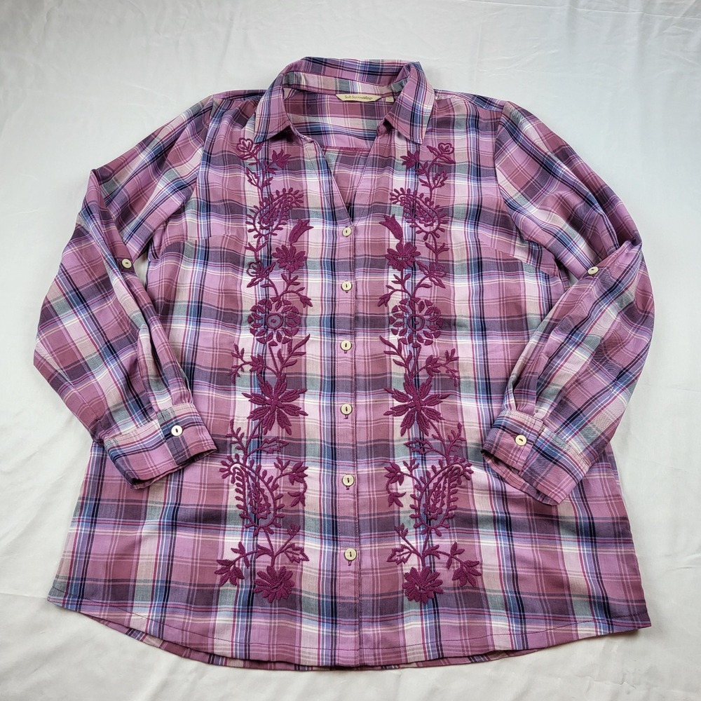 Soft Surrounding Plaid Embroidered Blouse Pink Roll Tab Sleeve Medium